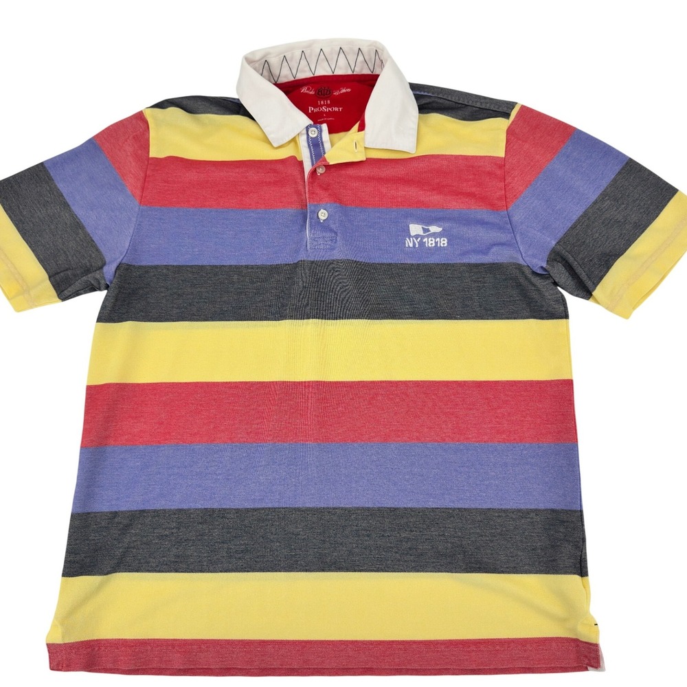 Brooks Brothers ProSport Polo Shirt Mens L Multicolor Striped NY 1818 Flag Pique